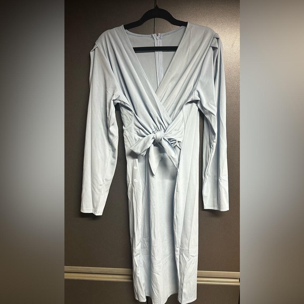Rooscier Women's Wrap Long Sleeve Self Tie Knot Split Midi Dress